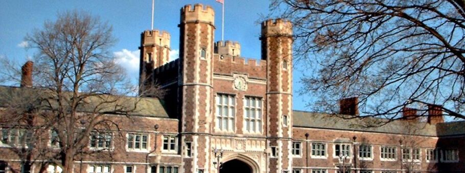 Classic collegiate architecture symbolizes higher education and academic pursuits.