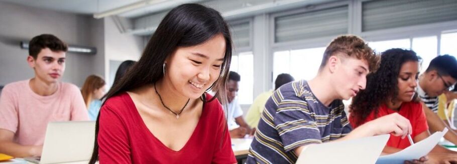 Diverse students working collaboratively in a classroom setting, focused on their studies.