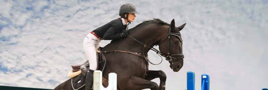 Equestrian athlete and horse jumping over obstacle, symbolizing focus and dedication.