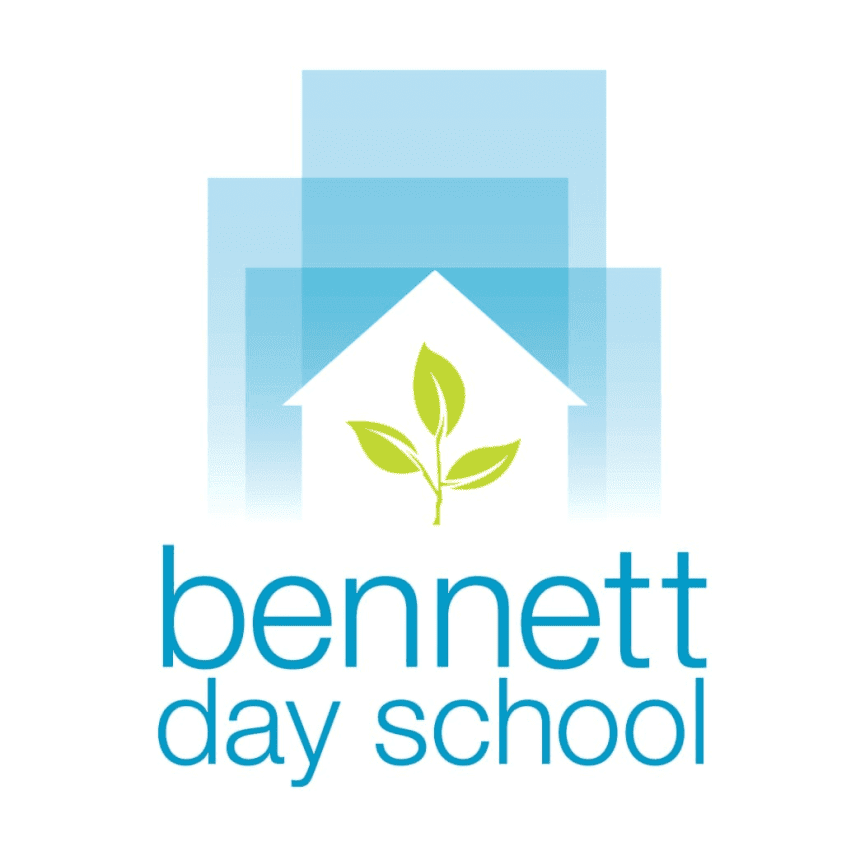 Bennett Day School logo: house shape with leaves, blue squares, and text.