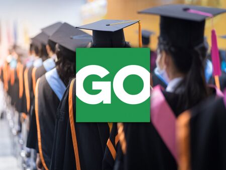 GO Banking Rates logo over graduate school students.