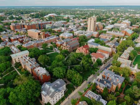 Aerial view of Brown University campus on College Hill, Providence, Rhode Island, United States