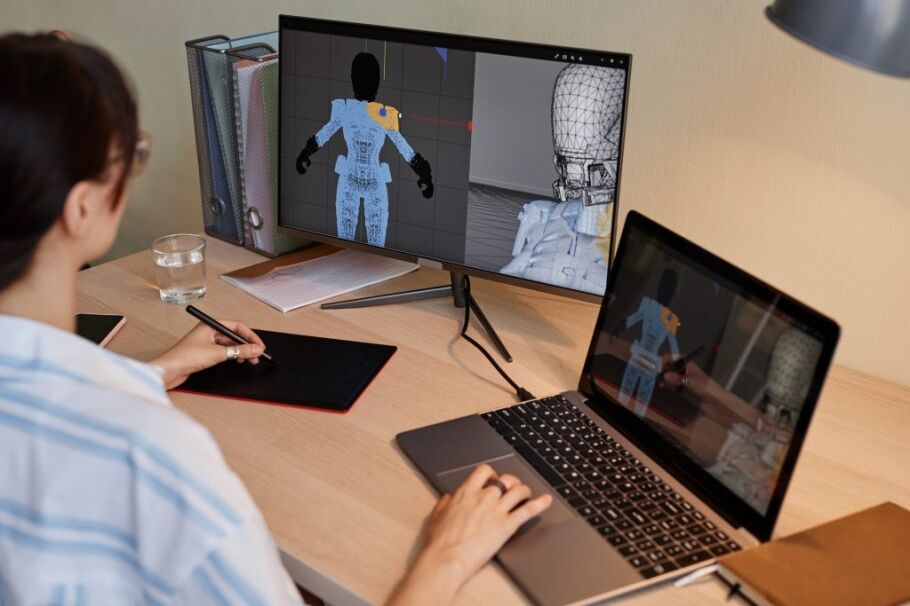 Student works on 3D character design, showcasing digital art skills for college portfolio.