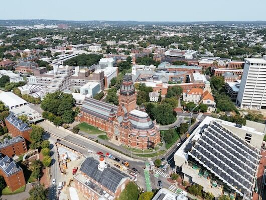 Drone view of Harvard yard, Cambridge, Massachusetts, USA