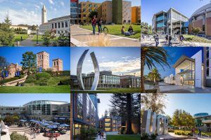 Collage of various college campuses, buildings, and student life scenes.