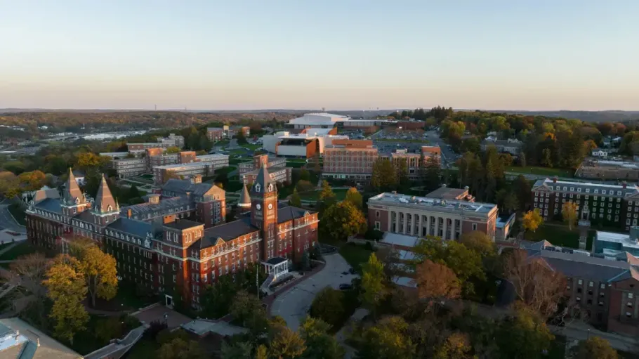 Aerial view of Holy Cross campus at sunset.