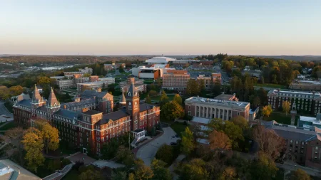 Aerial view of Holy Cross campus at sunset.